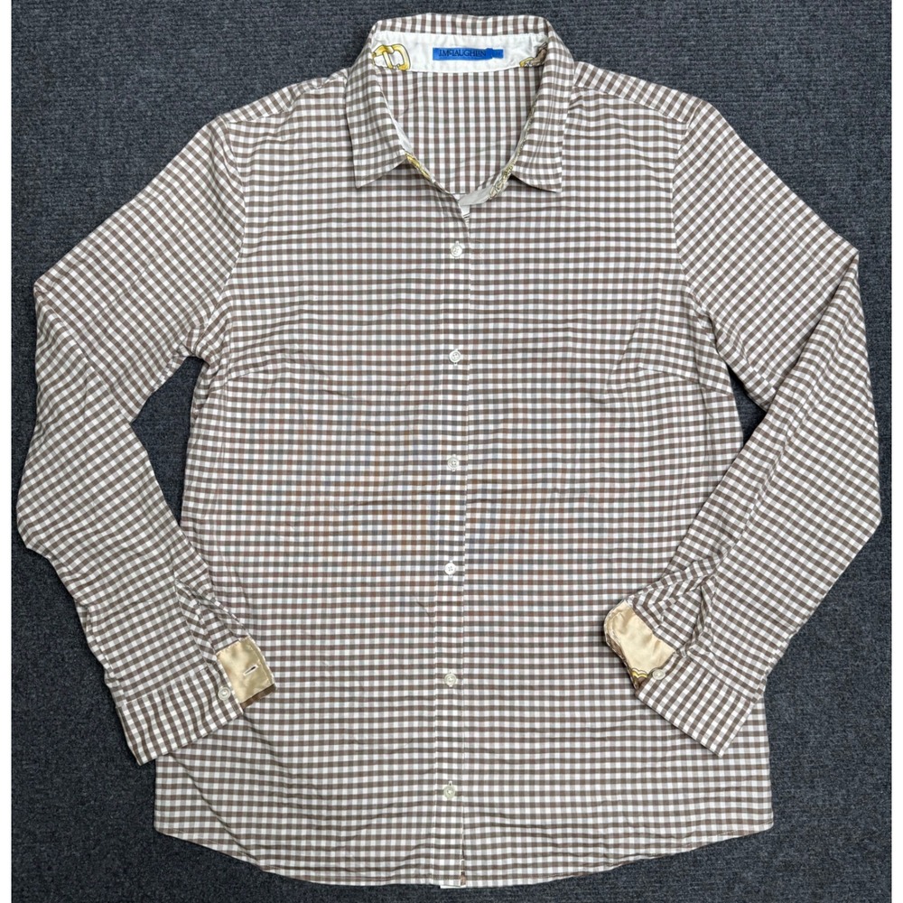 J.McLaughlin Womens M Brown Gingham Cotton Button Down Shirt Equestrian Trim
